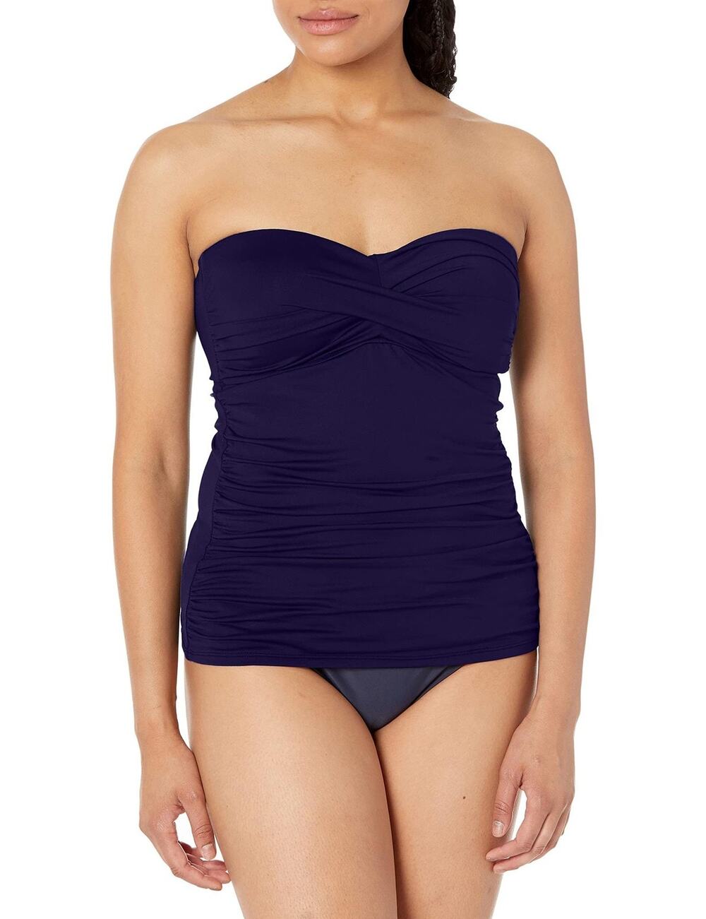 Anne Cole Solid Twist Front Shirred Bandeau Tankini Swim Navy Size S